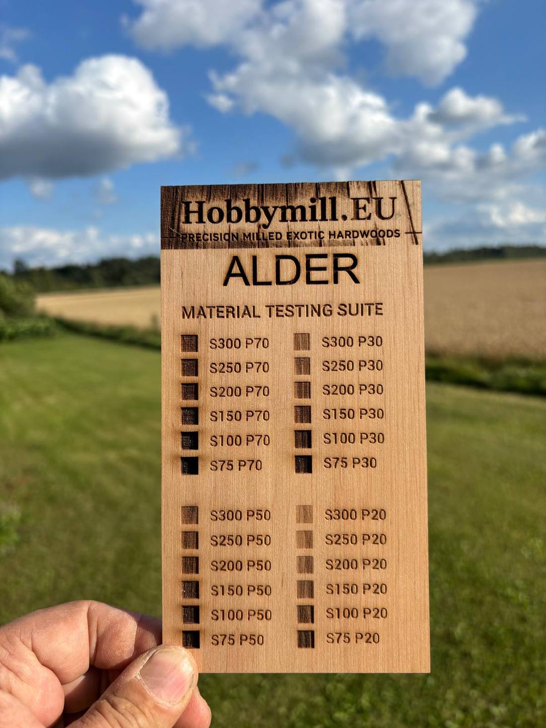 Natural alder laser test card