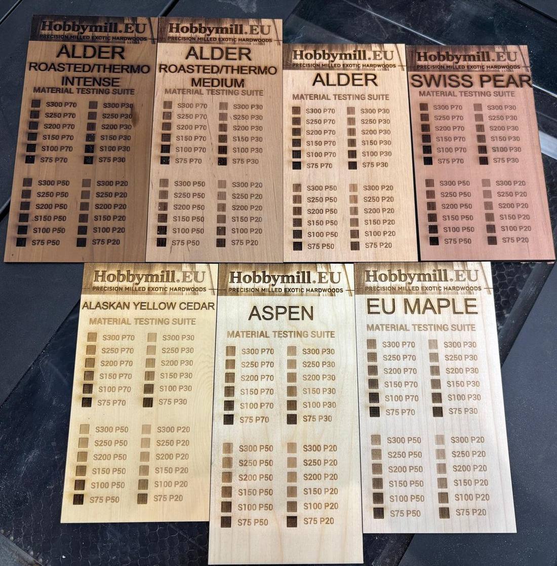 Hobbymill laser test cards for roasted/thermo alder intense, thermo alder medium, natural alder, Swiss pear, Alaskan yellow cedar, aspen and EU maple